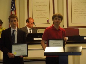 Ocean Lakes High School Students Cameron Harrison and Quinton Adair were awarded for their accomplishments at the School Board meeting. 