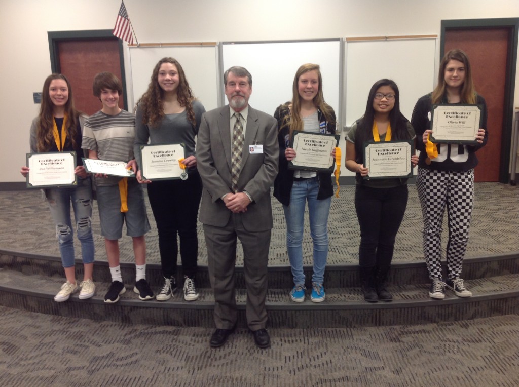 VBMS winners (from left to right) are Zoe Williamson, Ben Diehl,  Jasmine Crawley, Nicole Hoffmann,  Jeannelle Estanislao and Olivia Will. Dr. Doug Wren presented the award. 