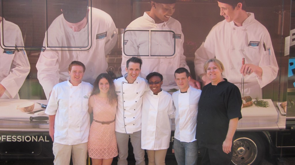 Pictured here with the mobile cutlery center are Aaron Smith, Jessica Law,  Dexter chef David Leather, Sandrine Robinson, Tim Scheetz and Salem culinary teacher, Lynnette Voloudakis.