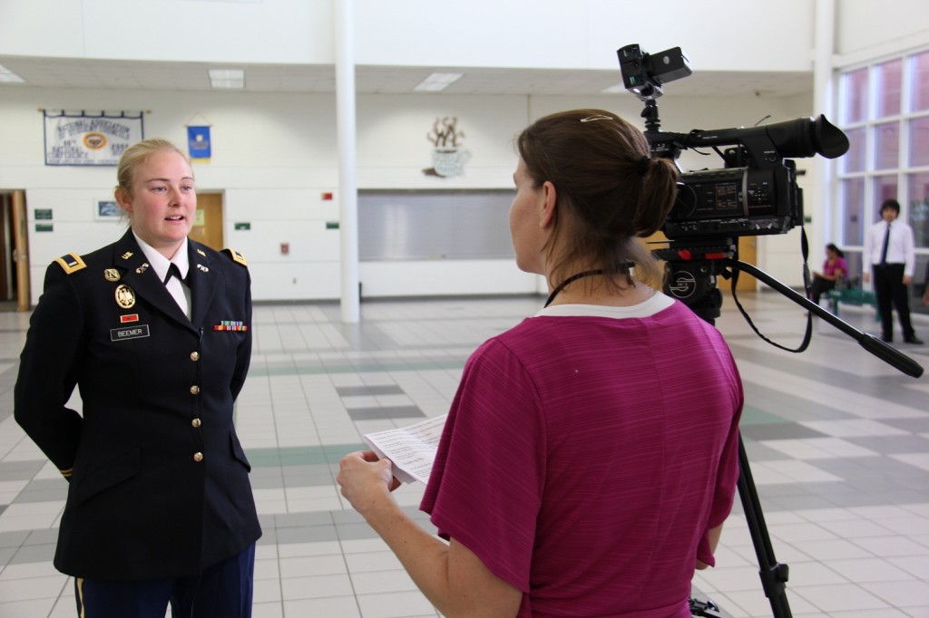 Heidi Beemer is interviewed before delivering the keynote address at the Ocean Lakes High School Math and Science Academy recognition night. 