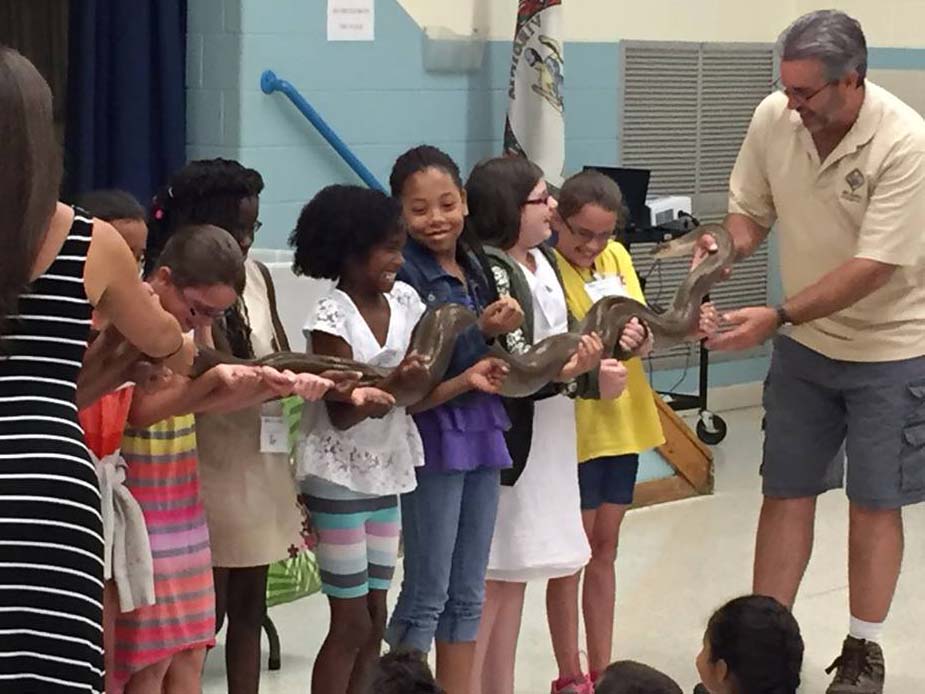 Students line up to hold a snake from JB Rattles reptile zoo.